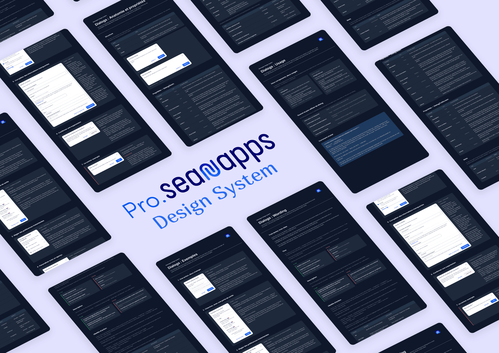 Planche de documentation du design system Pro.seanapps : anatomie, propriétés, usage et wording des dialogs.