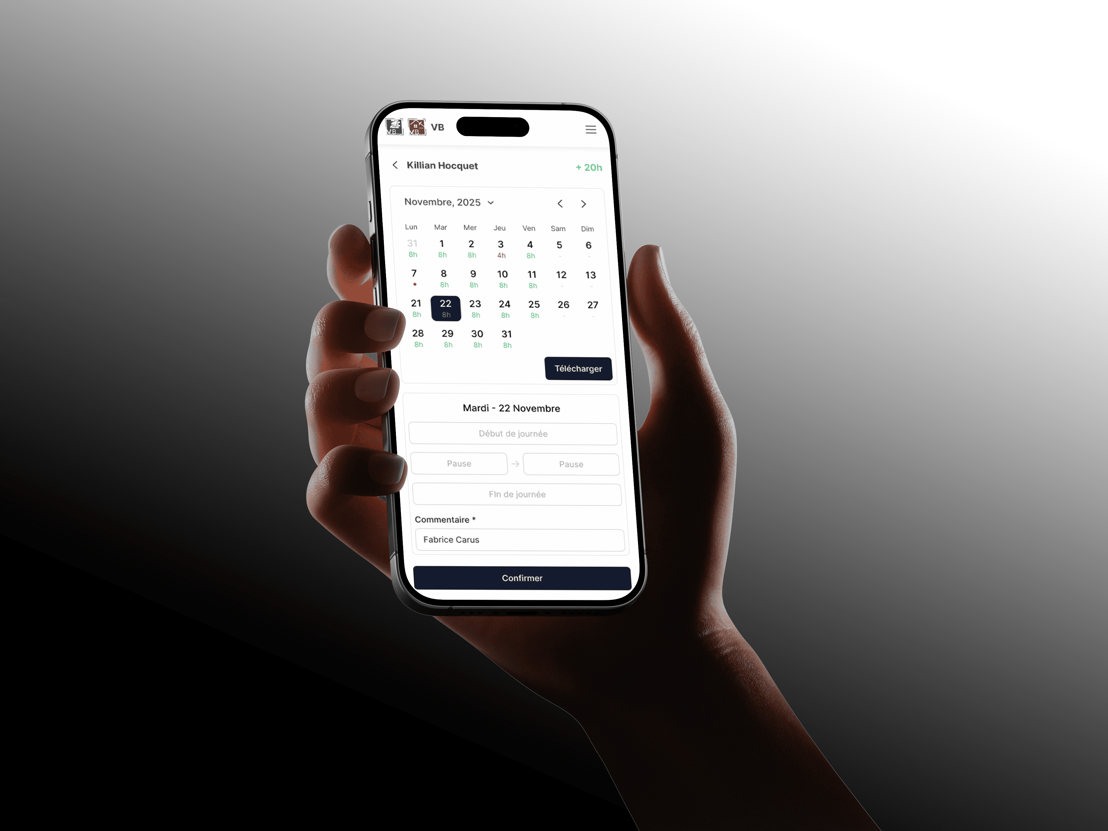 L'application VB Maçonnerie ouverte sur un téléphone : calendrier des heures du mois et solde de l'employé